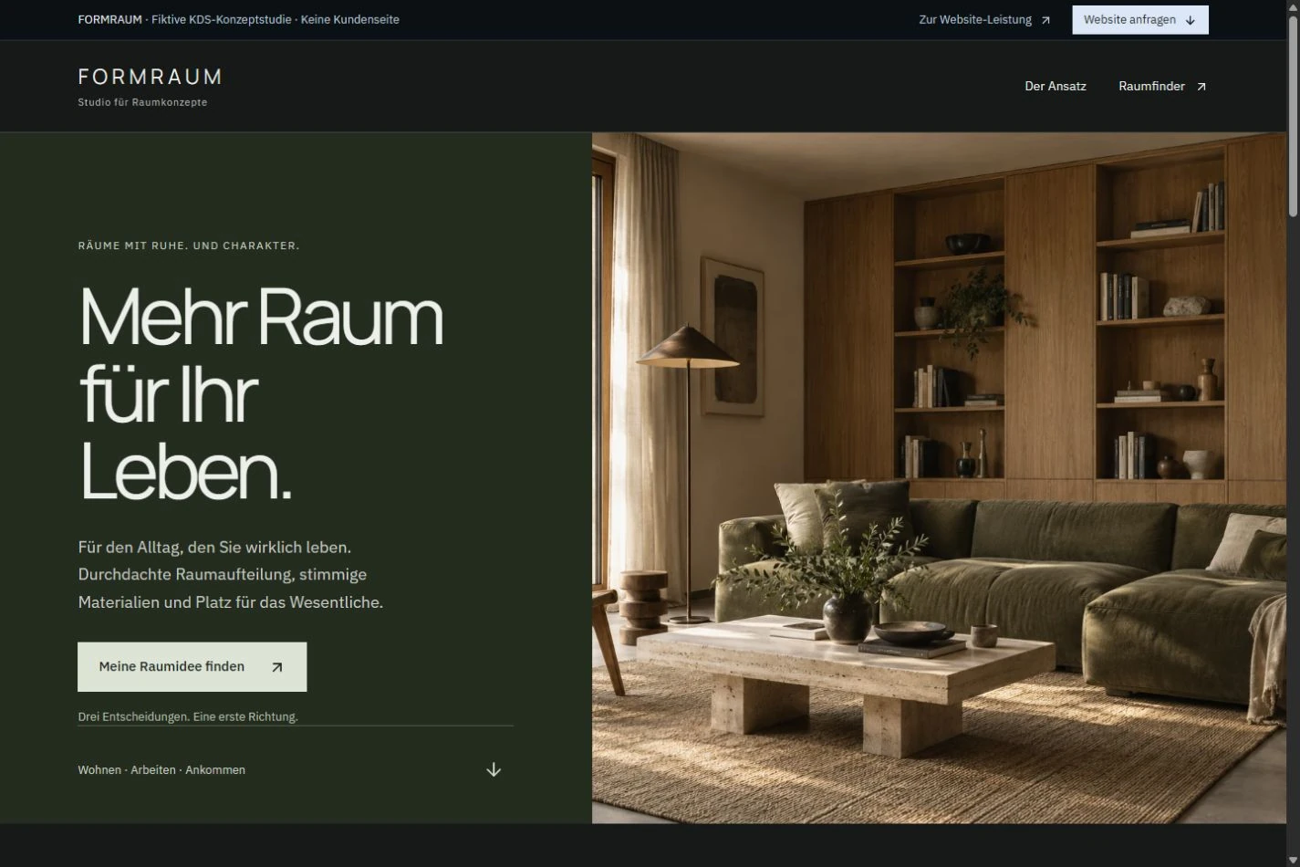 FORMRAUM: die tatsächliche Konzeptstudie mit Interior-Bild, eigener Gestaltung und einem Raumfinder.
